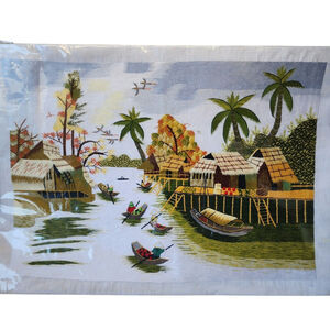 Vintage Vietnamese Village Handmade Silk Embroidered Asian Scenery art 21.5w